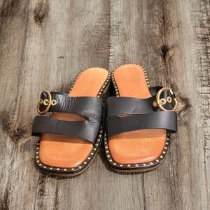 Coach and Four Black Leather Sandals slippers with Gold Accents slip on size 8